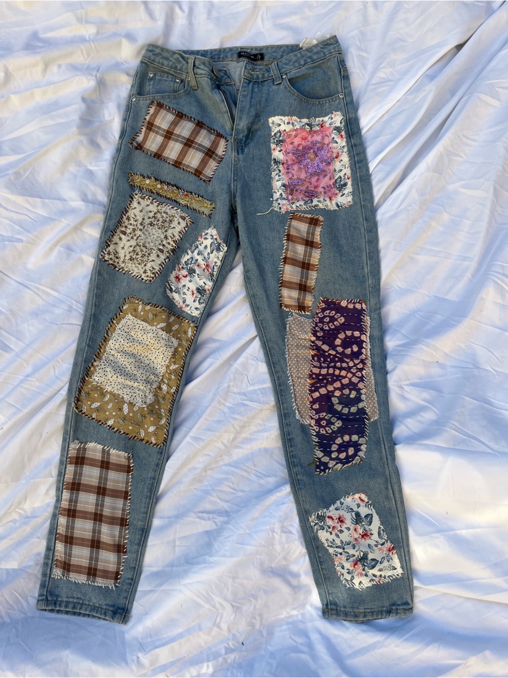 OOAK reworked Nasty Gal patchwork jeans floral plaid boho cottagecore jean